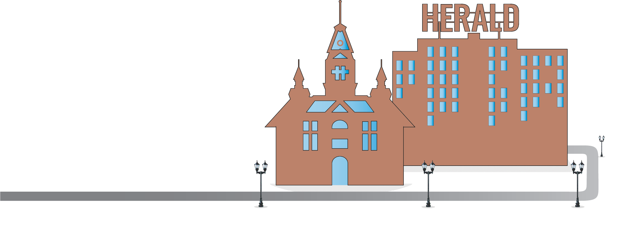 A church and the Herald building on a road with cars driving in 